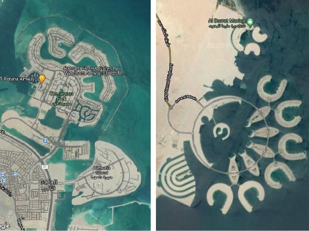 Deniz doldurularak elde edilen iki bölge. Google Maps uydu görüntüleri.